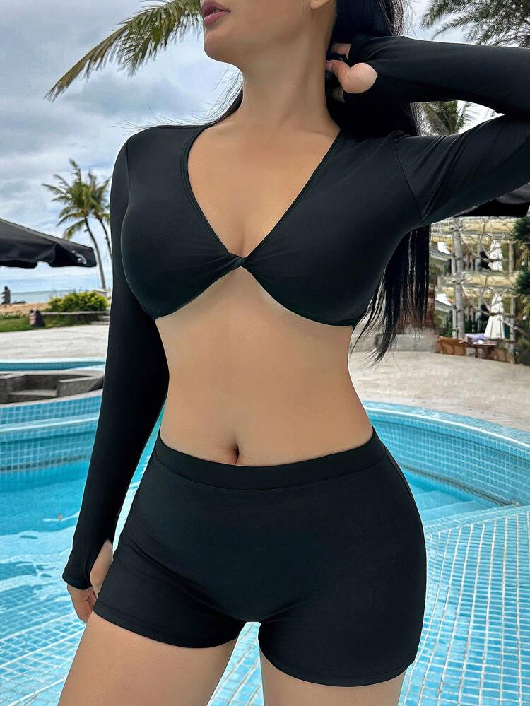 Women's Summer Beach Solid Twist Front Long Sleeve Short Crop Top And Bottoms Sexy Bikini Set,Tankini Bathing Suit
