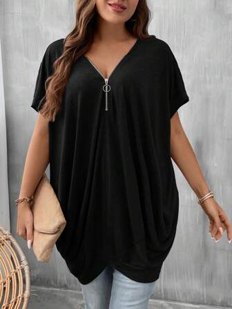 EMERY ROSE Plus Size Women Solid Color Zip Half Placket Short Sleeve Casual Loose T-Shirt Mother Day