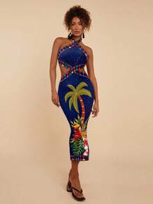 Travachic 女士热带印花挂脖紧身连衣裙，休闲度假沙滩装