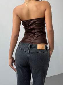 Siren Gaze 新年和情人节女士勃艮第皮革上衣时尚褶皱不对称下摆抹胸，适合外出和派对上衣，新年女士，抹胸 - 咖啡棕 - 查看 2