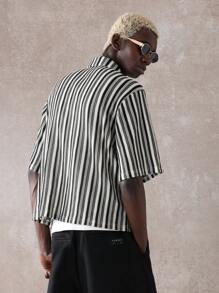 SUMWON Relaxed Fit Knitted Button-Down Shirt Textured Vertical Striped Pattern Casual Short Sleeve Summer Spring Designer Collection Streetwear Urban Fashion - Multicolor - View 2