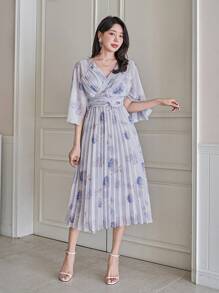 DAZY Váy midi xếp ly cổ chữ V dành cho nữ có họa tiết hoa toàn thân - Màu tím hoa cà - Xem 4