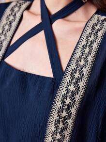 Al Najma 女士优雅两件套：长袖前开襟长袍和挂脖长袍 - 寶藍色 - 查看 4