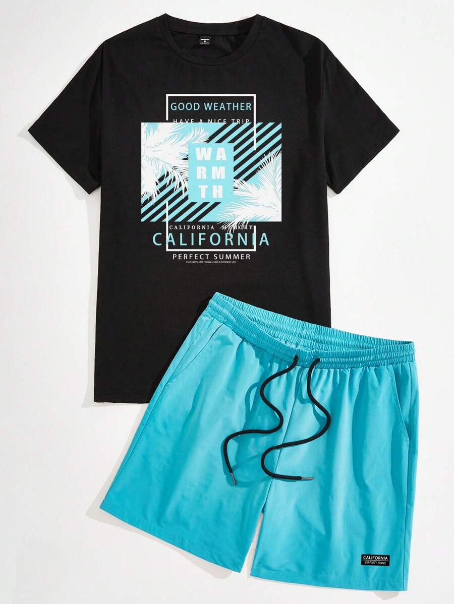 Manfinity RSRT Tropical Beach Palm Tree Silhouette Color Block Printed Vacation Casual Men's Fitted T-Shirt And Turquoise Shorts Set For Summer - Multicolor - View 1