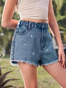 SHEIN Tween Girls Casual Light Blue Washed Denim Shorts, Summer Y2K - Light Wash - View 1