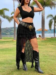 SHEIN EZwear Falda de encaje negro talla grande, minimalista y de moda, apropiada para vestidos de verano, festivales, rave y conciertos para mujeres, estilo gyaru y Y2K