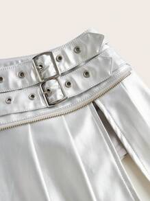 SHEIN ICON 女士银色低腰双腰带褶皱开衩中长裙 - 銀色 - 查看 4