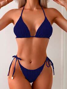Swim Basics 夏季海滩女士挂脖时尚可分离比基尼套装采用特殊面料两件套比基尼上衣比基尼微比基尼套装 - 藏蓝色 - 查看 1