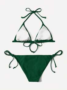 SHEIN Swim Women's Green Bikini Set, Triangle Cup Halter Neck Beach Swimsuit, Spring/Summer Resort - Green - View 2