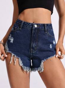 SHEIN EZwear 休闲牛仔短裤，时尚又适合夏天 - 深色水洗藍 - 查看 7