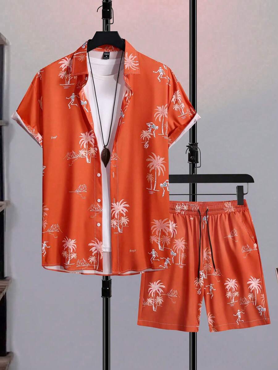 Manfinity Homme Setelan Pria 2 Potong Motif Pohon Palem untuk Liburan, Kemeja Lengan Pendek dan Celana Pendek (Potongan Acak) Setelan Dua Potong Pria dengan Celana Pendek Setelan Dua Potong Pria - MultiWarna - View 1