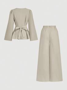 Firerie 2 件女式秋冬系带长袖衬衫上衣和美人鱼下摆裙子套装，开衩长袖衬衫套装，鱼尾长裙套装，优雅/通勤/休闲/商务/度假/职业装 - 杏色 - 查看 9