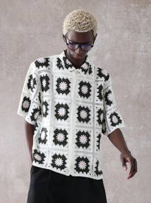 SUMWON Crochet Floral Pattern Boxy Shirt Handmade Granny Square Summer Knit Top Festival Boho Casual Wear Spring Fashion Street Style - Beige - View 6