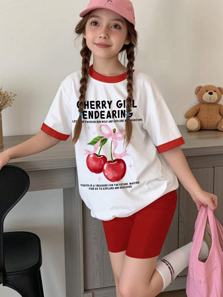 SHEIN Leap Crew Bộ 2 món áo thun tay ngắn in họa tiết quả anh đào thường ngày cho bé gái tuổi mới lớn và quần short, phù hợp cho mùa hè - trắng - Xem 1