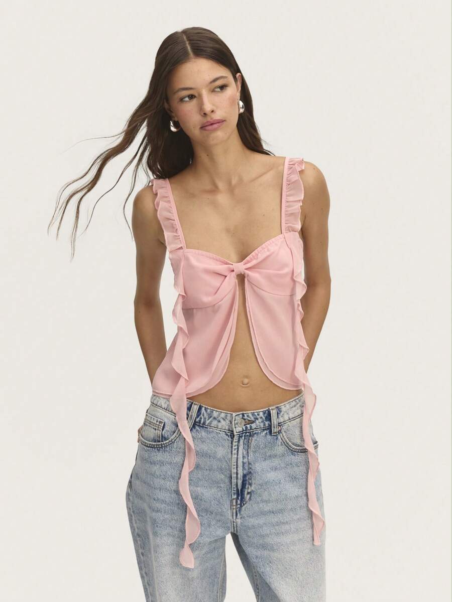 Nöista Pastel Pink Top With Delicate Straps, Ruffled Hems, And Front Opening. Double-Layer Fabric For A Chic Vibe. Perfect For Summer, Vacations, Easter, Graduations, Or As Bride Day. - Baby Pink - View 1