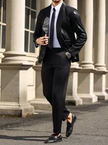 Manfinity AFTRDRK 男士简约前扣长袖上衣和长裤西装套装男士婚礼西装男士婚礼西装男士派对西装男士礼服西装 - 黑色 - 查看 4