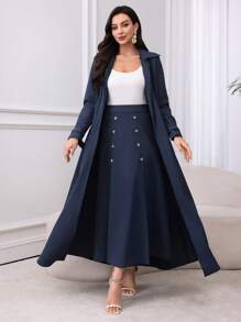 Modelyn Lässige einfarbige Windjacke mit Langarm und doppelreihiger A-Linie Rock 2-teiliges Set für Frauen, elegantes 2-teiliges Set - marineblau - Übersicht 1