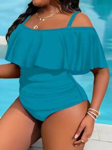 Slaydiva Traje de baño de una pieza con hombros descubiertos y volantes de unicolor para mujer de talla grande - Azul menta - Ver 3