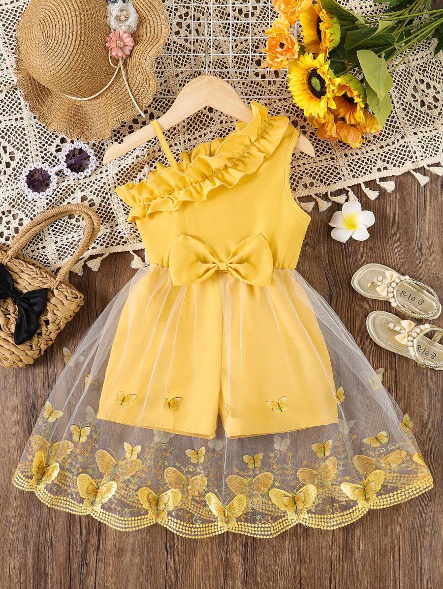 SHEIN 年轻女孩夏季不对称不对称领口连体裤，重磅刺绣蝴蝶网眼拼接连体裤，度假沙滩连体裤，儿童夏季服装 - 黃色 - 查看 1