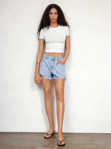 Maija Blauwe denim shorts met glinsterende strass-versiering en franje voor dames