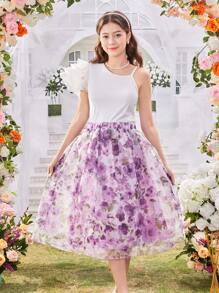 2pcs/Set Elegant Purple Ditsy Floral Sleeveless Top And Mini Skirt Set, Fashion Design For Teens - White - View 4