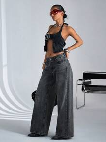 SHEIN Cottnline 100% Cotton WOMEN LOW RISE WIDELEG FIT DARK GREY Y2K STYLE BAGGY JEANS - Grey - View 4