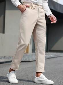 Manfinity Mode Plus Size Men's Casual Solid Color Pocket Straight-Leg Casual Dress Pants, Suitable For Commuting - Khaki - View 5