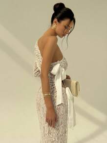 Aloruh Nuevo estilo de vestido elegante de manga larga asimétrica con hombros, decoración de encaje y mariposa, longitud extra larga hasta los tobillos, diseño romántico y sexy