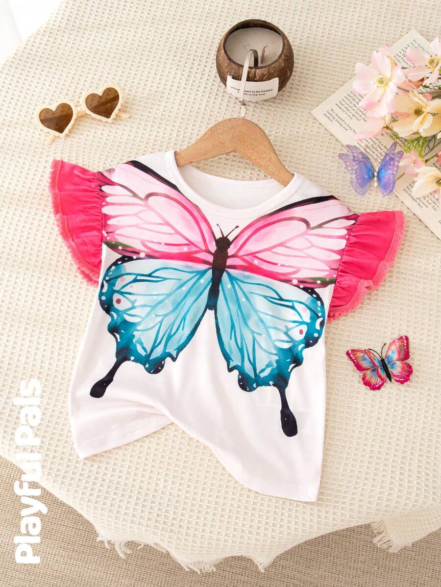 SHEIN 1pc Young Girls Colorful Butterfly Print Puff Shoulder Ruffle Sleeve Crew Neck Soft Knitted Pullover, Fashion & Versatile - Multicolor - View 1