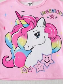 Young Girls Pink Colorful Unicorn Ruffle Short Sleeve T-Shirt With Elastic Waist Shorts Set, Casual For Summer Daily Wear