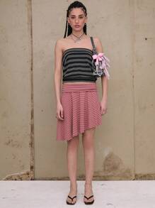 COUREZ Minifalda a rayas con pliegue en cintura baja de estilo Y2K, conjunto de vestir de verano vintage para mujeres