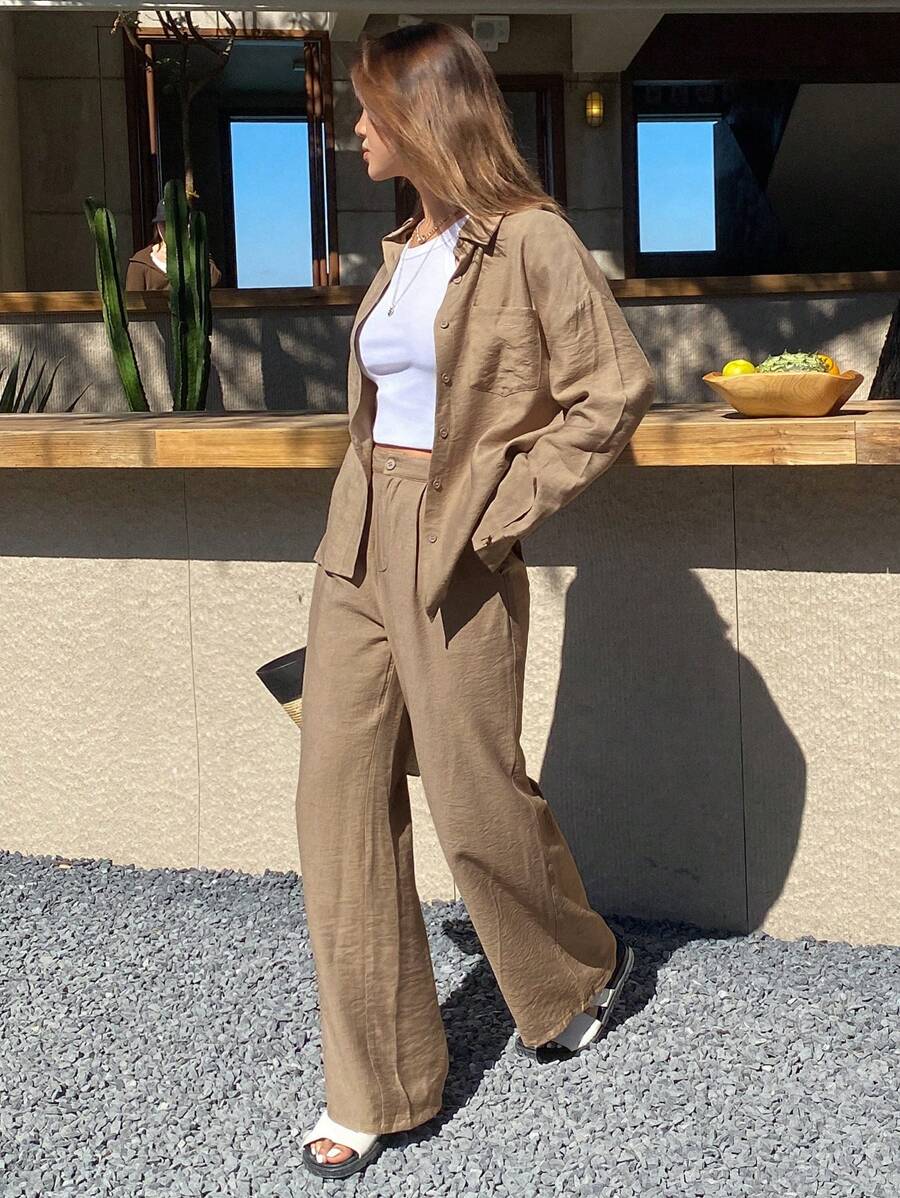 DAZY 2pcs/Set Women Solid Color Loose Shirt And Wide Leg Pants,Fall Women Clothes Lounge Sets For Women - Apricot - View 1