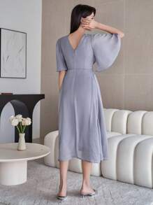 DAZY Solid Color V-Neck Ruffle Sleeve Pleat Hem Mid-Length Dress For Women Maxi Dress - Blue - View 2