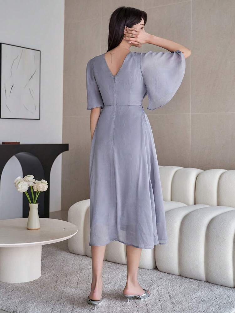 Solid Color V-Neck Ruffle Sleeve Pleat Hem Mid-Length Dress For Women Maxi Dress