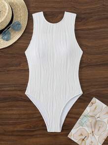 Swim SPRTY Women's Textured Fabric One-Piece Swimsuit, High-Quality Minimalist Fitted One Piece Swimsuit For Beach, Pool, Resort, Summer - White - View 4