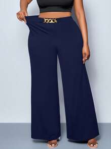 SOLERSUN 大码女式纯色腰带细节阔腿裤、裤子、四季款式、派对、音乐会、通勤日常款式、音乐节、浪漫、情人节、度假 - 藏蓝色 - 查看 2