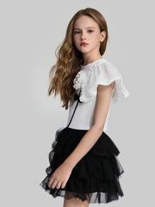 Ontre Minimalistisches, vielseitiges Mode-Top für Tween-Mädchen für die Hochzeitssaison, elastisches, figurbetontes T-Shirt mit Rundhalsausschnitt, kurzen Puffärmeln und mehrlagigem Blumendekor für lässiges Tragen im Freien und drinnen, Frühling/Sommer - Weiss - Übersicht 5