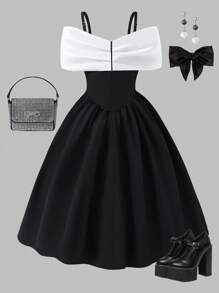 Sparklyn 女孩优雅奢华公主派对礼服，带蝴蝶结肩带，双色低腰公主礼服，假日，夏季，旅行 - 黑色 - 查看 2