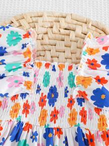 Cozy Pixies Sukienka dla dziewczynki z kwadratowym dekoltem w kwiaty i falbanką, z marszczeniami i ściągaczem w talii, na wiosnę