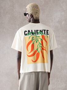 SUMWON Caliente Hot Pepper Graphic Print Boxy T-Shirt, Streetwear Summer Festival Design, Casual Oversized Fit Cotton Tee, Urban Art Style