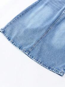 Sparklyn Tween Girls Casual All-Match Minimalist Washed Light Blue Denim Mini Skirt, School Style - Light Wash - View 3