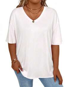 SHEIN CURVE+ Camiseta holgada de talla grande para mujer con cuello en V y hombros caídos, de unicolor - Blanco - Ver 5