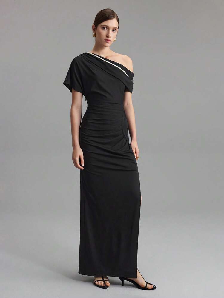 2025 Women Pearl Asymmetric Ruched High Slit Dress