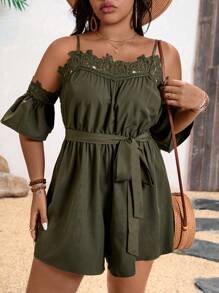 Breezaya 大码假日休闲纯色蕾丝拼布露肩带连体裤 - 軍綠色 - 查看 4