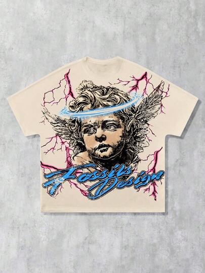 Street Life Men's Vintage Angel Letter Print Short Sleeve Casual T-Shirt