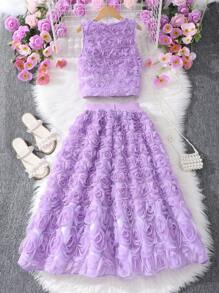 2 件套青少年女孩纯色 3D 花卉无袖圆领上衣和裙子，优雅夏季服装 - 紫色 - 查看 2