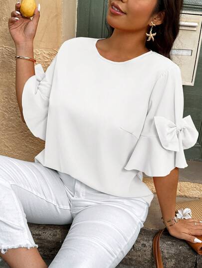 Breezaya Koszula damska Plus Size Casual/Resort z kokardą i rękawami w kształcie dzwonka