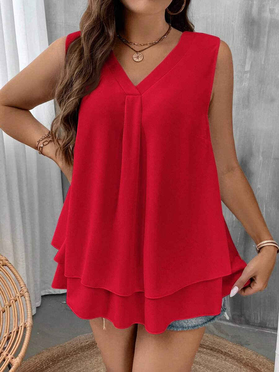 EMERY ROSE Áo kiểu nữ cỡ lớn cổ chữ V không tay, bèo nhún, phong cách thường ngày, thích hợp cho mùa hè. - Đỏ - Xem 1