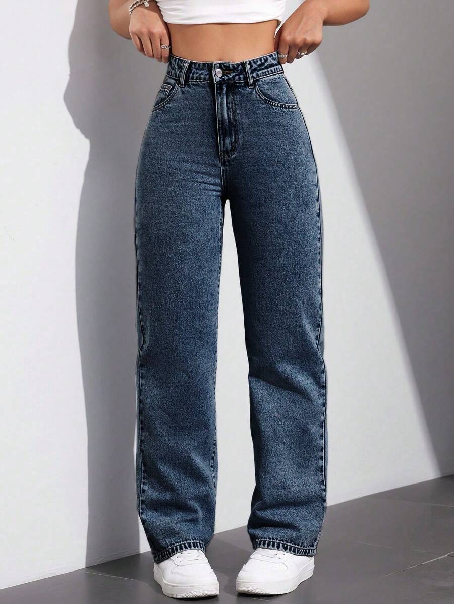 SHEIN EZwear 女式直筒宽松休闲百搭牛仔裤，带口袋