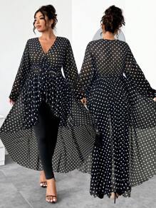 Elenzga Plus Size Women's Elegant Black Dot Print Chiffon Long Sleeve V-Neck High-Low Hem Blouse & Fitted Long Pants 2 Pieces Set - Black - View 1